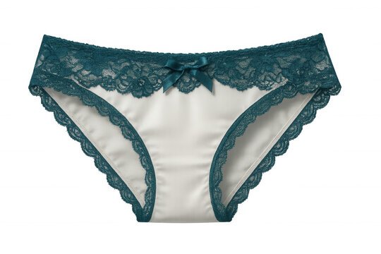 Classic white panties with teal lace trim and a small bow, creating a delicate and feminine aesthetic on transparent background