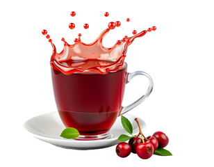 Cherry tea splash in a glass cup with saucer and cherries