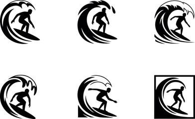Obraz premium Six black and white surfer silhouettes riding waves with varying wave designs and a square border design