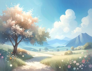 Fototapeta premium A stunning winter landscape with a snow-covered Christmas tree, bathed in a cool blue light under a starry night sky