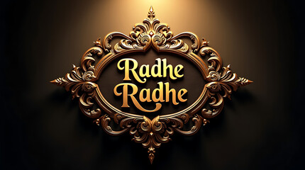 Ornate Golden Emblem with Radhe Text on Dark Textured Background decorative frame