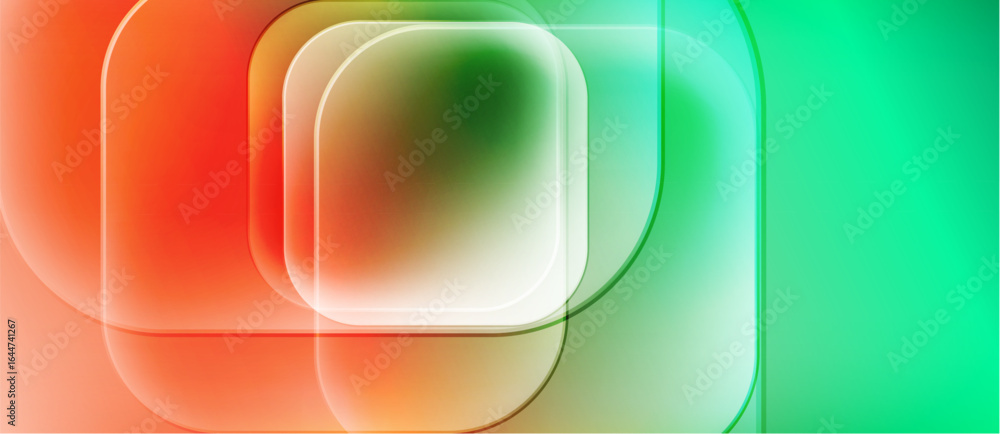 Poster abstract composition featuring overlapping rounded squares. colors transition from orange, green, to
