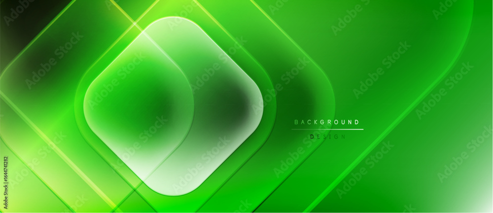 Poster abstract green background. geometric shapes overlap, creating glowing lines, smooth gradients. moder