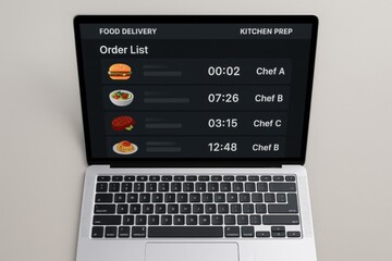 Restaurant Kitchen Prep Order List with Chefs and Cooking Timers on Laptop Screen
