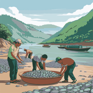 Workers Collecting Stones in Jaflong, Sylhet with River, Boats, and Green Hills Vector Illustration.