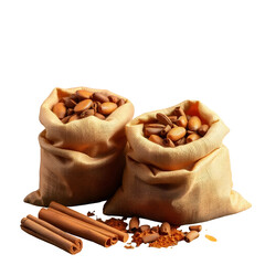 Argan Nuts in Sacks with Cinnamon Sticks and Spices