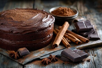 Chocolate cake, dusted with cocoa, and surrounded by chocolate pieces, cinnamon sticks, and star anise on a rustic wooden surface