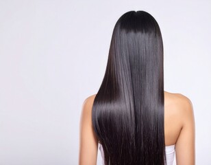 Naklejka premium a woman with long, clean, shiny black hair. Back view. suitable for hair shampoo advertisements.