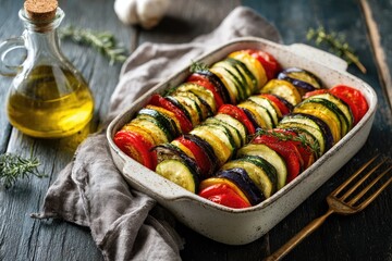Colorful vegetable gratin in a white baking dish, with olive oil and fresh herbs