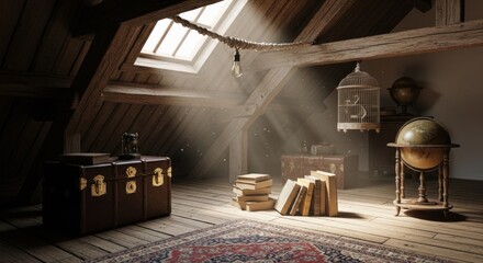 Naklejka premium Attic room with light beams shining through skylight onto books & decor