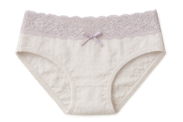Comfortable white cotton panties with purple lace and a small bow, isolated on a transparent background