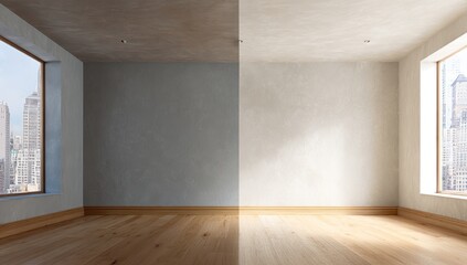 A before-and-after room reveal showing light grey and off-white textured walls, hardwood floors, and large windows with city views