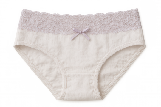 Comfortable white cotton panties with purple lace and a small bow, isolated on a transparent background