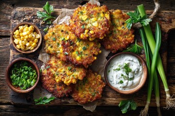 Crispy corn fritters, topped with fresh herbs, served with a creamy sauce
