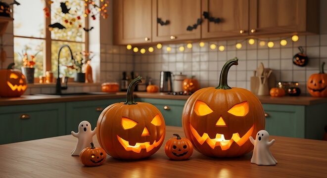 Halloween kitchen decoration with pumpkins and ghosts on table