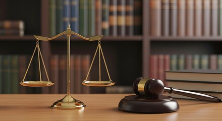 Golden Scales of Justice and Gavel on Wooden Table in Law Library