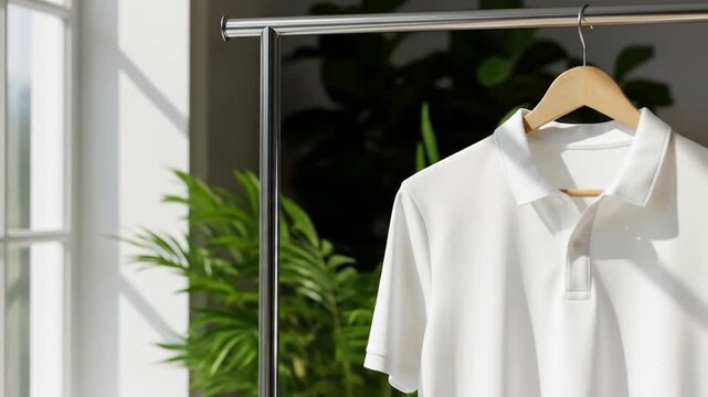 Clean and Fresh White Polo Shirt Hanging on a Wooden Hanger in a Brightly Lit Room with Greenery