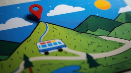 A child's drawing of a mountain route with a bus and a location marker.
