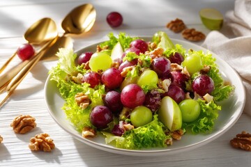 A vibrant salad of red and green grapes, walnuts, and pears on a white plate.  Gold spoons, a napkin, and scattered nuts are beside it.  Sunlight highlights the dish