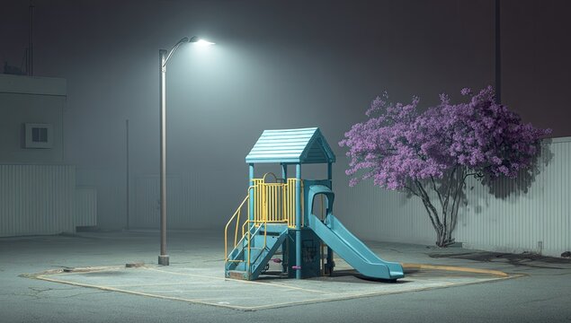 A lonely, fog-shrouded playground at night, illuminated by a single lamppost, features a small teal playset next to a purple flowering tree in a desolate, empty parking lot - Powered by Adobe