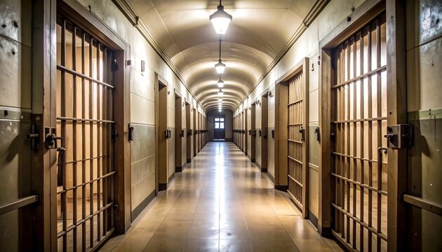 Long, dimly lit prison corridor with barred cell doors
