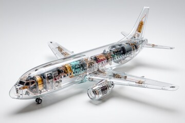 Transparent, detailed 3D model of an airplane's inner workings