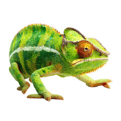 Naklejka premium Green chameleon on black background, exotic pet profile