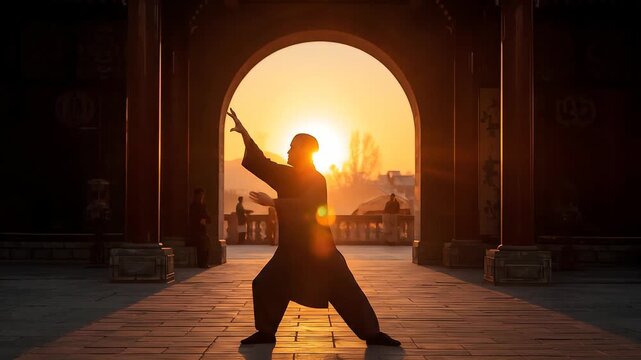 Meditative martial arts discipline demonstration at sunrise silhouette