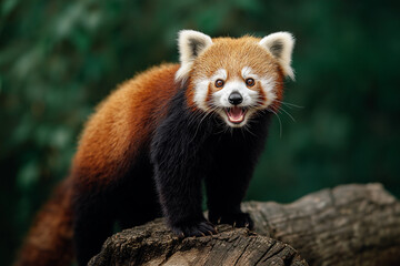 A red panda standing on top of a tree trunk, looking at the camera