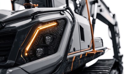 Close-up of a gray and orange construction vehicle's front grill and headlights.  Modern design with orange accent lighting