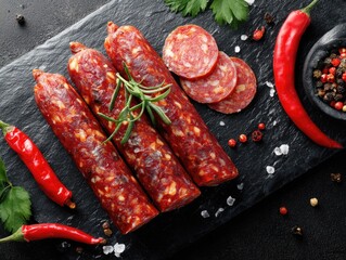 Three cured sausages on a dark stone board, garnished with rosemary, chili peppers, and spices. Slices of sausage are displayed