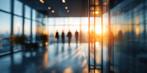 Blurred view of modern office hallway at sunset