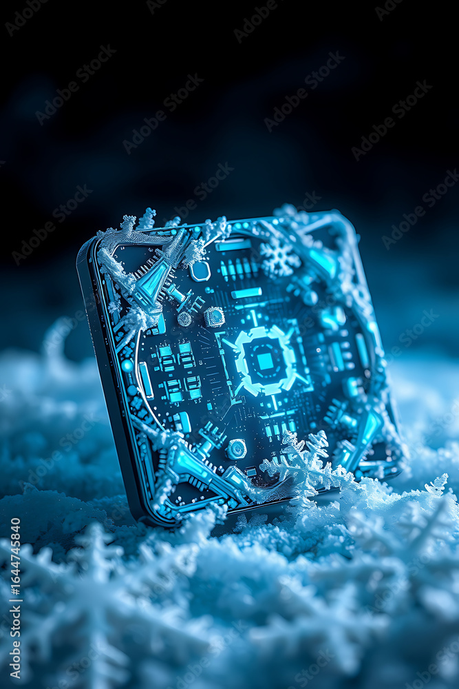 Poster illuminated circuit board with silver embellishments resting on a snowy surface, creating a futurist