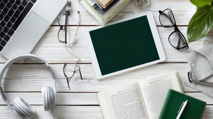 Assorted modern workspace items arranged on a light wooden surface.