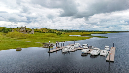Aerial drone view of Shannon river and countryside rural irish landscape, Clonmacnoise monastery...