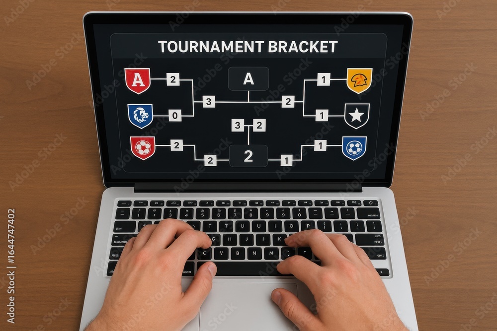 Poster digital tournament bracket display with team matchups and final scores