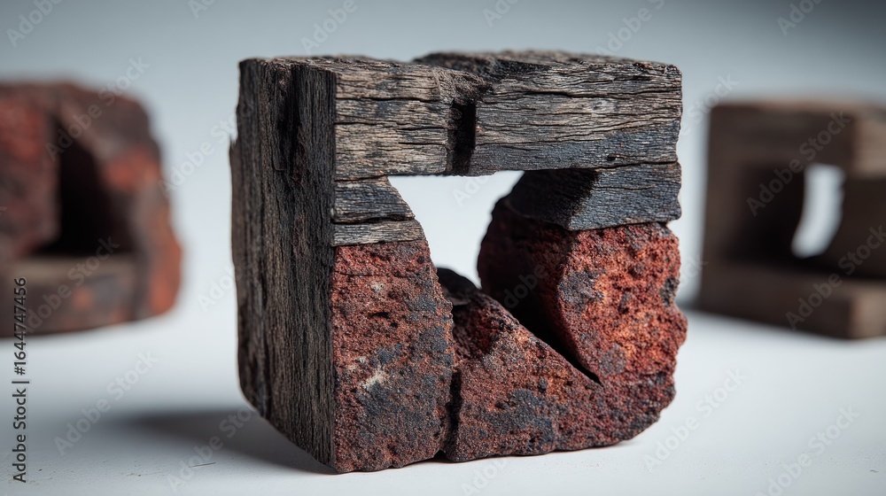 Aufkleber brick-wood cube with an angular hole, showing rough and textured surface
