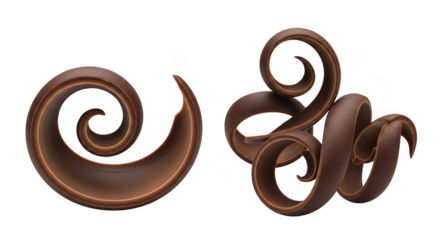Two elegant chocolate curls and swirls, perfect for dessert decoration, isolated on a transparent background