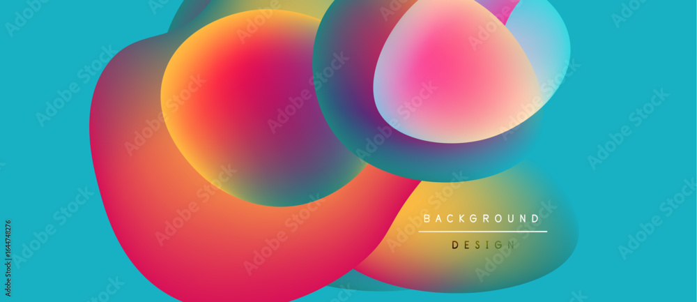 Poster abstract colorful shapes overlap, creating vibrant visual effect. background is turquoise. design fe