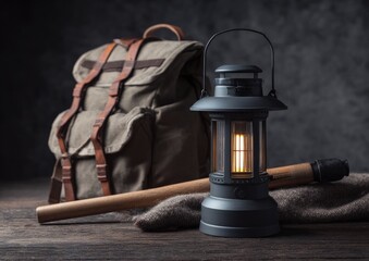 A vintage-style backpack, a lantern, and trekking gear rest on a wooden surface
