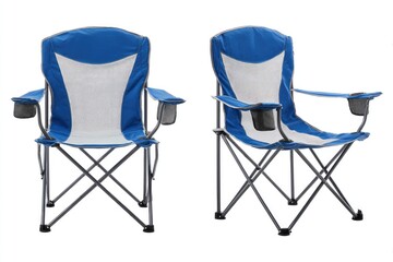 Two identical blue and gray folding camping chairs, isolated on white.  The chairs feature a mesh back and seat, padded armrests with cup holders, and gray metal folding legs