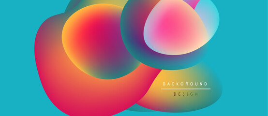 Abstract colorful shapes overlap, creating vibrant visual effect. Background is turquoise. Design features gradients, smooth transitions.