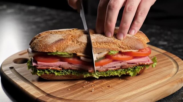 Deli sandwich being sliced, with fresh lettuce, tomato, and gourmet fillings, perfect for kitchen and food preparation photography
