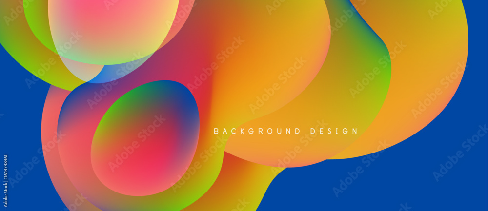 Poster abstract fluid shapes blend, creating vibrant color gradients. background features smooth transition