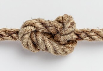 Close-up of a simple overhand knot tied in a light brown rope against a plain white background. The rope is thick and textured