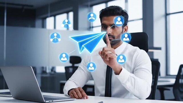 Professional emphasizing discretion in digital communication, with a secure network graphic representing confidential business interactions and data privacy.