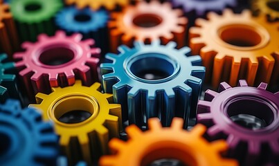 Concept of diverse teamwork, symbolized by colorful sync gears working together harmoniously, representing the efficient interplay of different skills, experiences, and perspectives, Generative AI