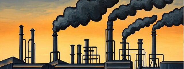 Silhouetted Industrial Complex at Sunset with Dark Smoke Plumes