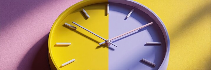 Two-Tone Clock on Split Background, Yellow and Purple, Time Management and Productivity