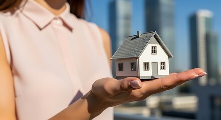Bright Modern Hand Holding Miniature House with Cityscape Background Illustration